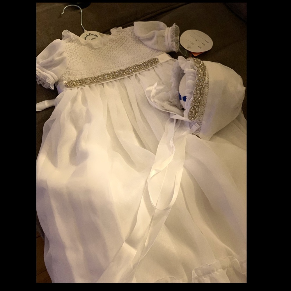 baptism gown in white smocked diamond 6Mo